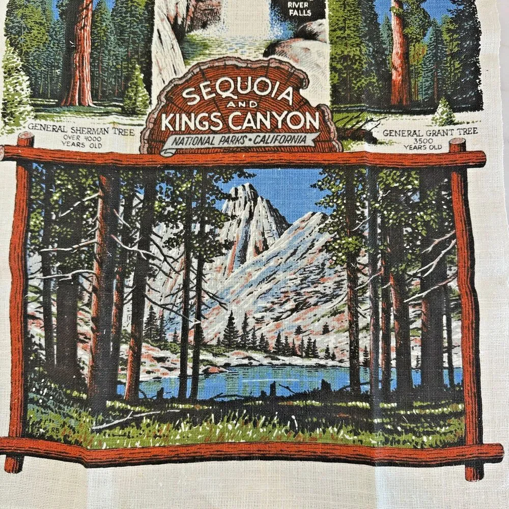 Vintage KayDee Linen‎ Tea Towel Sequoia Nat Park CA Handprint Vintage Souvenir